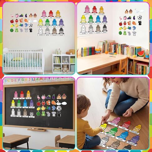 FunooFuno 33 Pcs Color Posters for Classroom, Crayon Cutouts Bulletin Board Set Fruit Animal Classroom Boarders with 100 pcs Adhesive Glue Point Dots for Toddler Preschool Learning Family Decorations in Kuwait