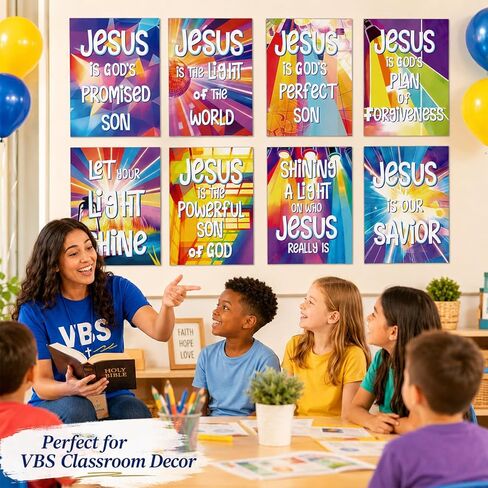 MinFyberd 8 قطع VBS 2026 ملصقات مسيحية نيون الكتاب المقدس ضوء لمبة يسوع الآية جدار ديكور ديني تحفيزي لوحة الإعلانات ديكورات لقضاء عطلة الكتاب المقدس مدرسة الكنيسة الفصول الدراسية in Kuwait