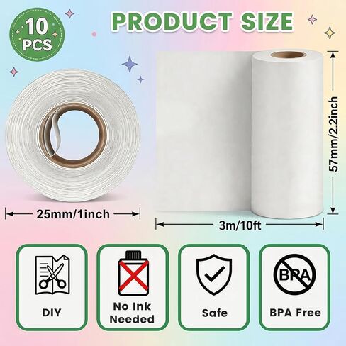 10 Rolls Sticker Paper for Mini Printer, 57mm x 25mm, BPA Free, Thermal Printer Paper Refill for Most Kids AI Printer & Instant Camera in Saudi Arabia