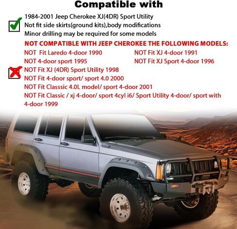 G-PLUS Fender Flares متوافقة مع نماذج المرافق الرياضية Jeep Cherokee XJ ذات 4 أبواب 1984-2001/ غير مناسبة للنماذج مع التنانير الجانبية (الأطقم الأرضية) وبرشام الجيب المزخرف لتعديل الجسم 6 قطع in Kuwait