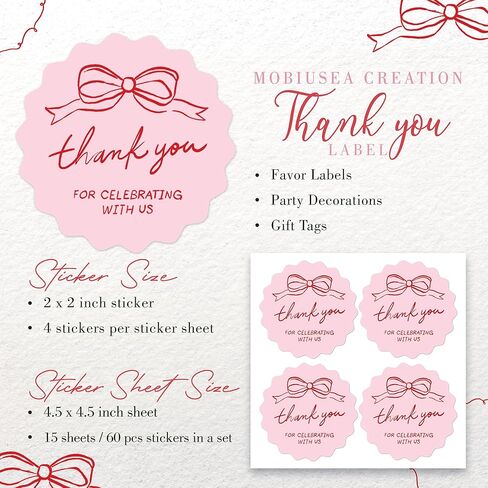 Mobiusea Creation Hand-Drawn Pink Bow Theme Thank You for Celebrating with Us Stickers | 60pcs 2 Inch Thank You Stickers for Wedding Favors, Bridal Shower, Engagement, Baby Shower in Kuwait