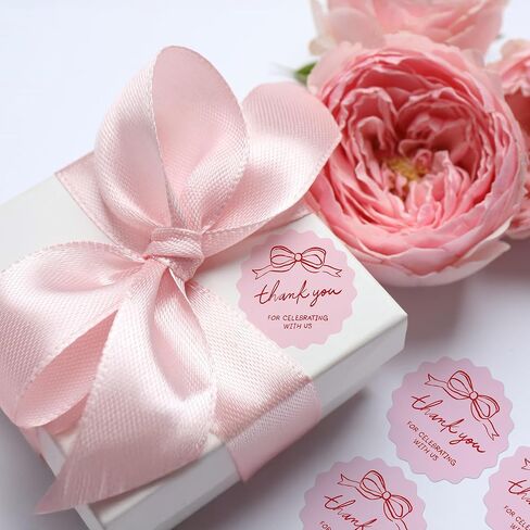 Mobiusea Creation Hand-Drawn Pink Bow Theme Thank You for Celebrating with Us Stickers | 60pcs 2 Inch Thank You Stickers for Wedding Favors, Bridal Shower, Engagement, Baby Shower in Kuwait