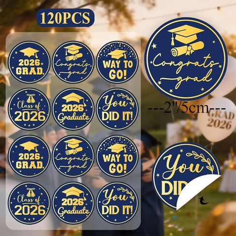 Graduation Stickers 2026 Class of 2026 Envelope Seals, 120PCS 2 Inch Round Graduation Stickers for Envelopes, Party Favors, Gift Wrapping, Graduation Decorations (Blue Gold, Graduation Mix) in Saudi Arabia