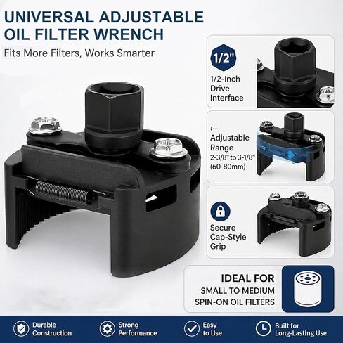 Universal Adjustable Oil Filter Wrench– 2-3/8 to 3-1/8 Inch (60-80mm) - 1/2'' Drive Cap Style Oil Filter Removal Tool, Fits Small to Medium Spin-on Filters, UTVs, JetSkis in Saudi Arabia