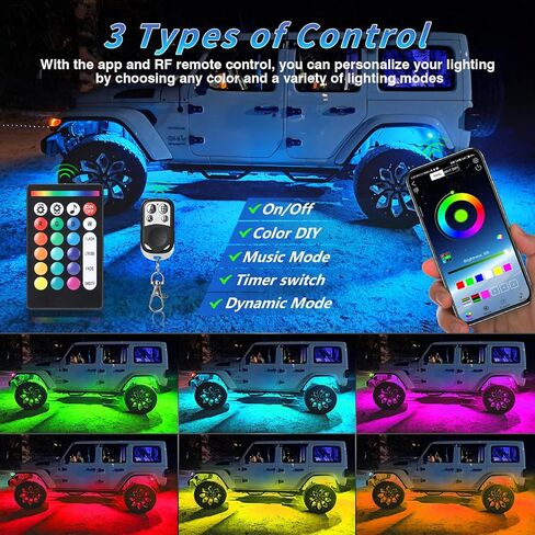 4Pods زاوية كاملة RGB LED مجموعة أضواء الصخور مع التطبيق / التحكم عن بعد RF، أضواء Underglow مع الفرامل متعدد الألوان أضواء النيون Underbody للماء 12V للشاحنات بيك اب جيب عربة الغولف SXS ATV in Kuwait