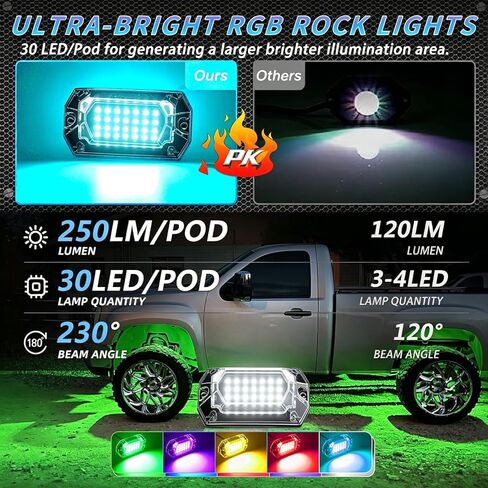 4Pods زاوية كاملة RGB LED مجموعة أضواء الصخور مع التطبيق / التحكم عن بعد RF، أضواء Underglow مع الفرامل متعدد الألوان أضواء النيون Underbody للماء 12V للشاحنات بيك اب جيب عربة الغولف SXS ATV in Kuwait