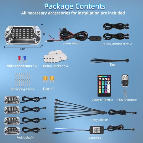 4Pods زاوية كاملة RGB LED مجموعة أضواء الصخور مع التطبيق / التحكم عن بعد RF، أضواء Underglow مع الفرامل متعدد الألوان أضواء النيون Underbody للماء 12V للشاحنات بيك اب جيب عربة الغولف SXS ATV in Kuwait