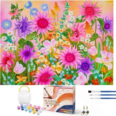 OLDEGG 2 حزمة الطلاء بالأرقام عدة للبالغين المبتدئين، DIY 16 × 20 بوصة مؤطرة الطلاء حسب الرقم قماش للبالغين عباد الشمس ومزهرية الزهور المختلطة، مجموعة الطلاء الزيتي لديكور جدار المنزل in Kuwait