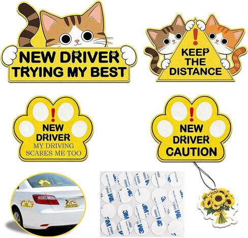 New Driver Magnet for Car, 4 Pack Reflective Student Driver Car Magnets, 1 Air Refreshener and 20 Double Sticky 3M Dots, Cute Funny Penguin Safety Signs, Reusable Strong Magnetic Bumper Signs for Cars in Saudi Arabia