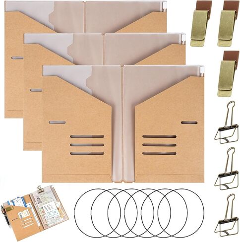 3 Set A5 Size Travelers Notebook Accessories Kit, 3Pcs Each Travel Kraft File Folder & Zipper Case & Pen Holder & Binder Clip and 6Pcs Elastic Bands Travel Accessories Supplies in Saudi Arabia