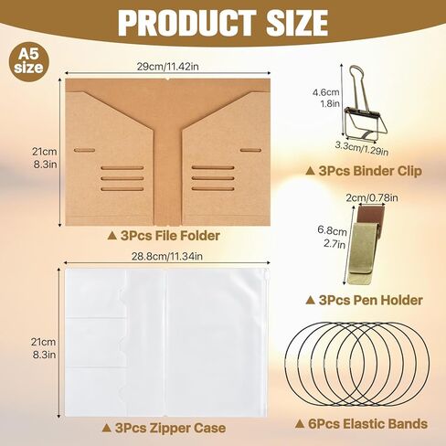 3 Set A5 Size Travelers Notebook Accessories Kit, 3Pcs Each Travel Kraft File Folder & Zipper Case & Pen Holder & Binder Clip and 6Pcs Elastic Bands Travel Accessories Supplies in Saudi Arabia