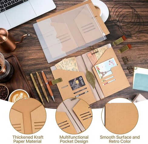 3 Set A5 Size Travelers Notebook Accessories Kit, 3Pcs Each Travel Kraft File Folder & Zipper Case & Pen Holder & Binder Clip and 6Pcs Elastic Bands Travel Accessories Supplies in Saudi Arabia