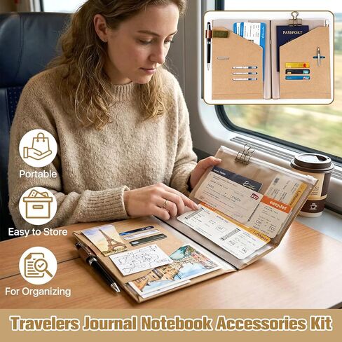 3 Set A5 Size Travelers Notebook Accessories Kit, 3Pcs Each Travel Kraft File Folder & Zipper Case & Pen Holder & Binder Clip and 6Pcs Elastic Bands Travel Accessories Supplies in Saudi Arabia