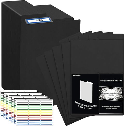 AKONEGE 100 Pack Comic Book Dividers 28PT, 11.25" x 7.25" Thick Black Frosted Plastic Book Dividers with Write-On Tabs & Stickers, Organize Boards for Comic Storage Boxes, Bin, Magazines, Fabric, File in Saudi Arabia