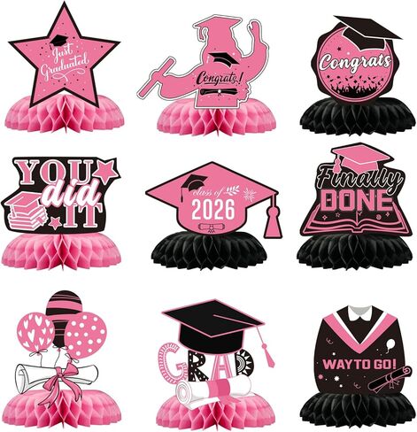 9PCS Graduation Decorations 2026, Pink Graduation Centerpieces for Tables Honeycomb Congrats Grad Double Sided Table Toppers for Class Of 2026 Graduate Party Supplies (Pink) in Saudi Arabia