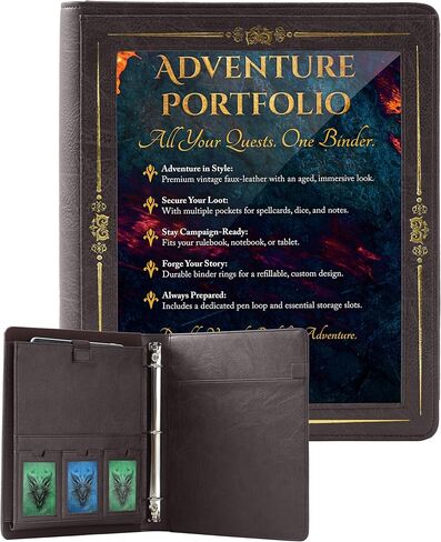 محفظة Soar Forge Vintage Adventurer - حافظة أوراق شخصية من جلد البولي يوريثان، حافظة DND مع منظم عرض بطاقات الإملاء، غطاء أمامي شفاف، وجيوب تخزين (رقائق ذهبية بنية قديمة) in Kuwait