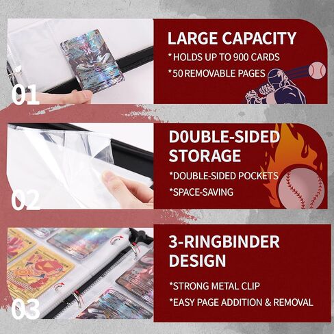 Baseball Card Binder 900 Pockets, Trading Card Binder with Zipper, Sports Card Binder Collectible Trading Card Albums Fits Cards with 50 Removable Sleeves in Saudi Arabia