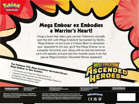 Pokémon TCG: Mega Evolution — Ascend Heroes Mega Emboar ex Box (1 بطاقة ترويجية فويل، 1 بطاقة عدسية كبيرة الحجم و4 عبوات معززة) in Kuwait