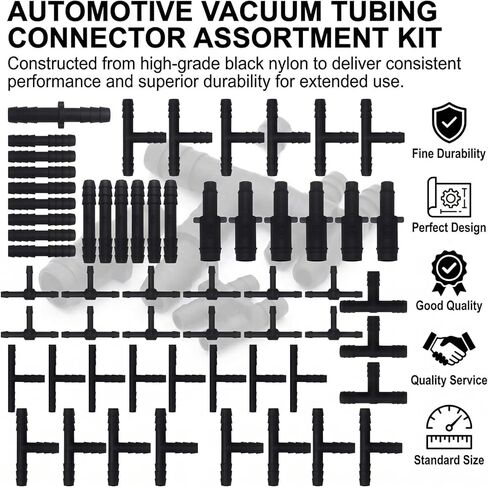 113 PCS Vacuum Connector Assortment, 12 Sizes Heat Resistant 240℃ (460℉) Nylon Black Tee Connector Assortment Kit, for Automotive Vacuum Tubing System Maintenance in Saudi Arabia