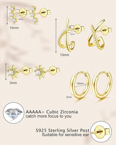 FUNRUN JEWELRY 925 الفضة الاسترليني الصغيرة الذهب ترصيع القرط المكدس للنساء هيبوالرجينيك 14K الذهب مطلي أقراط مسطحة الظهر، هوب هوجي أنيق وأقراط مسمار مجموعة لثقب متعددة 4 أزواج in Kuwait
