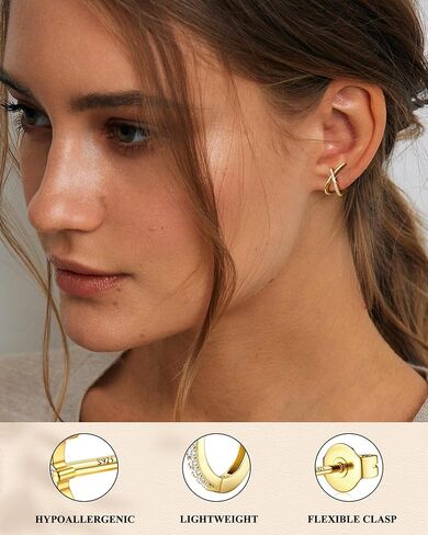 FUNRUN JEWELRY 925 الفضة الاسترليني الصغيرة الذهب ترصيع القرط المكدس للنساء هيبوالرجينيك 14K الذهب مطلي أقراط مسطحة الظهر، هوب هوجي أنيق وأقراط مسمار مجموعة لثقب متعددة 4 أزواج in Kuwait