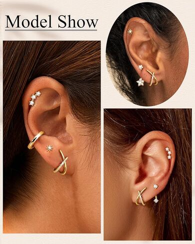 FUNRUN JEWELRY 925 الفضة الاسترليني الصغيرة الذهب ترصيع القرط المكدس للنساء هيبوالرجينيك 14K الذهب مطلي أقراط مسطحة الظهر، هوب هوجي أنيق وأقراط مسمار مجموعة لثقب متعددة 4 أزواج in Kuwait