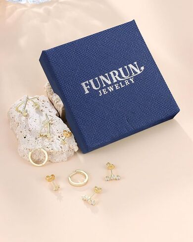 FUNRUN JEWELRY 925 الفضة الاسترليني الصغيرة الذهب ترصيع القرط المكدس للنساء هيبوالرجينيك 14K الذهب مطلي أقراط مسطحة الظهر، هوب هوجي أنيق وأقراط مسمار مجموعة لثقب متعددة 4 أزواج in Kuwait
