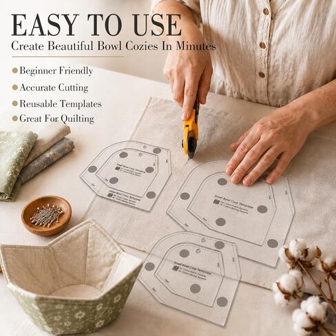 Bowl Cozy Template Cutting Ruler Set, 3 Sizes Acrylic Transparent Quilting Stencils for DIY Kitchen Hot Bowl Holders, Precision Cut On Fold Sewing Pattern (White) in Saudi Arabia