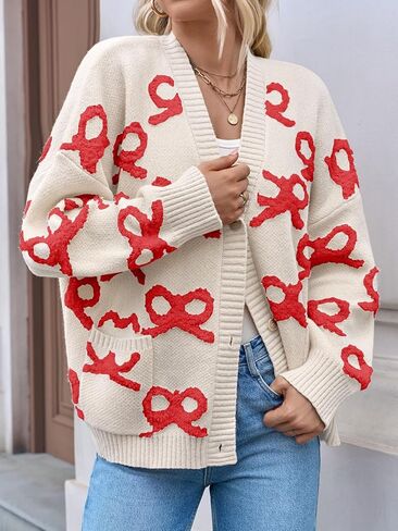 Saodimallsu Womens Bow Cardigan Sweaters Button Up Chunky Knit Loose Fit Fall Winter Sweater Coats with Pockets in Saudi Arabia