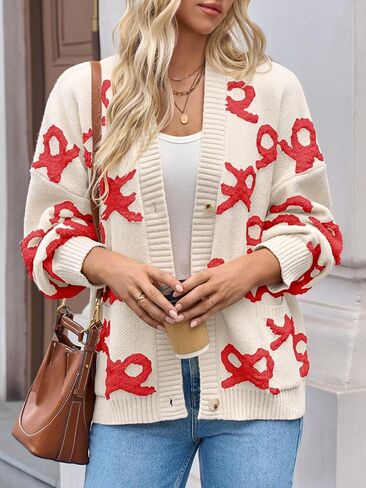 Saodimallsu Womens Bow Cardigan Sweaters Button Up Chunky Knit Loose Fit Fall Winter Sweater Coats with Pockets in Saudi Arabia