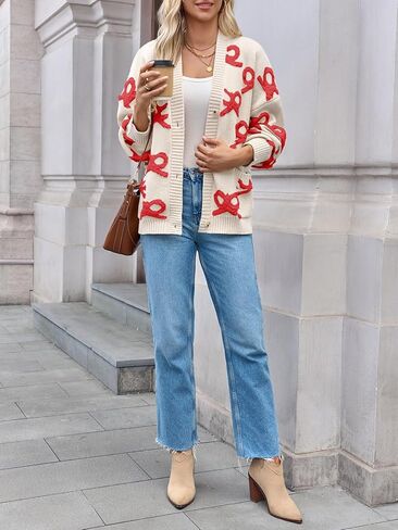 Saodimallsu Womens Bow Cardigan Sweaters Button Up Chunky Knit Loose Fit Fall Winter Sweater Coats with Pockets in Saudi Arabia