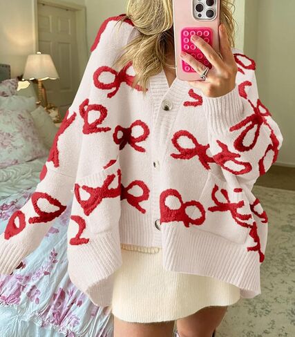 Saodimallsu Womens Bow Cardigan Sweaters Button Up Chunky Knit Loose Fit Fall Winter Sweater Coats with Pockets in Saudi Arabia