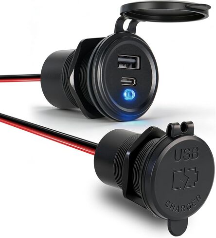 منفذ USB 12 فولت مع مفتاح وLED أزرق - شاحن سيارة 30 وات من النوع C و18 وات QC3.0 - مقبس USB مزدوج سريع من الألومنيوم، بديل ولاعة السجائر المقاومة للماء للمركبات الترفيهية والقوارب والشاحنات والتخييم (قطعة واحدة) in Kuwait