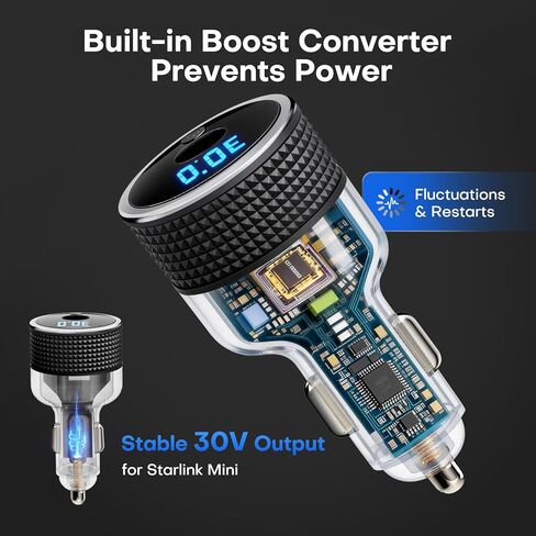 Starlink Mini Car Adapter 12V/24V to 30V, No Reboot Power, Digital Voltage Display, Keeps Starlink Online, 60W Cigarette Lighter Adapter, Supports 16AWG 30M Cable, All-Metal for RV Boat Truck (Silver) in Saudi Arabia