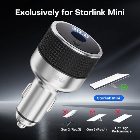 Starlink Mini Car Adapter 12V/24V to 30V, No Reboot Power, Digital Voltage Display, Keeps Starlink Online, 60W Cigarette Lighter Adapter, Supports 16AWG 30M Cable, All-Metal for RV Boat Truck (Silver) in Saudi Arabia
