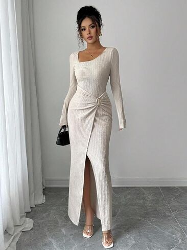 Womens Dress Long Sleeve Knit Dress Fall Bodycon Fitted Midi Wedding Guest Asymmetrical Neck Sexy Dresses for Women in Saudi Arabia