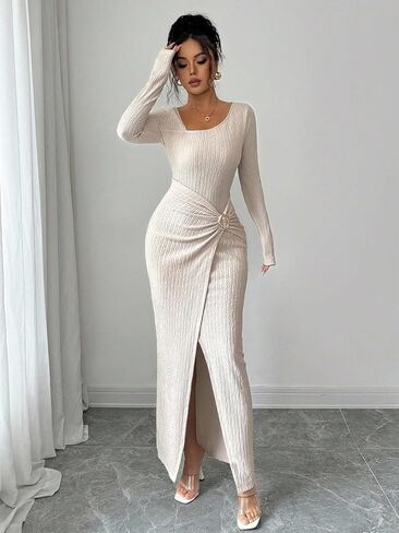 Womens Dress Long Sleeve Knit Dress Fall Bodycon Fitted Midi Wedding Guest Asymmetrical Neck Sexy Dresses for Women in Saudi Arabia