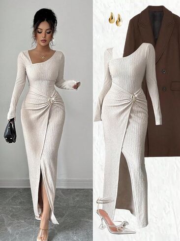 Womens Dress Long Sleeve Knit Dress Fall Bodycon Fitted Midi Wedding Guest Asymmetrical Neck Sexy Dresses for Women in Saudi Arabia