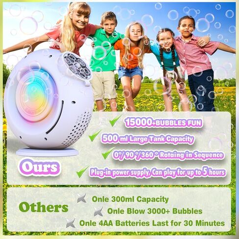 Automatic Bubble Machine for Kids & Toddlers, Rechargeable 15000+ Bubbles Per Minute with 90°/360° Rotation & LED Light - Bubble Blower for Birthday Wedding Outdoor Party Gifts in Saudi Arabia