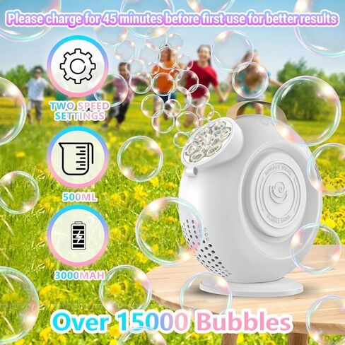 Automatic Bubble Machine for Kids & Toddlers, Rechargeable 15000+ Bubbles Per Minute with 90°/360° Rotation & LED Light - Bubble Blower for Birthday Wedding Outdoor Party Gifts in Saudi Arabia