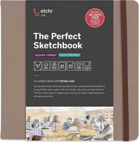 ETCHR The Perfect Sketchbook Deckle Edition Premium 300 gsm 100% Cotton Cold-Press, Hand-Torn Deckled Edges, Lay-Flat Binding, Vegan Leather Cover, A5 Portrait - 8.3 x 5.8 Inch in Kuwait