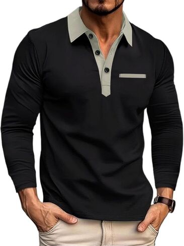 Men's Casual Polo Shirts Button Down Fashion Long Sleeve T Shirt Classic Collared Golf Tops in Saudi Arabia