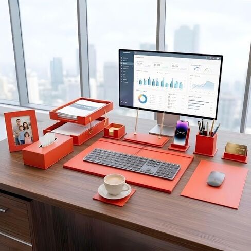 Desk Set,15-Piece Leather Desk Organizer Set, Executive Office Accessories with Desk Pad & Blotter, 2-Tier Tray, Pen Holder & More, Professional Office Desk Decor & Gift Set (Burgundy) in Saudi Arabia