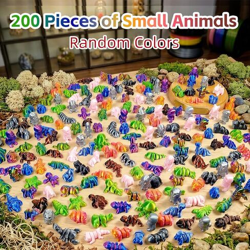 200Pcs Mini Random 3D Printed Animals Figurines Set - 100 Unique Designs, Movable Joints, Silk Gradient Colors, Cute Desk Decor, Party Favors, Classroom Prizes, ADHD Reward Jar Filler in Saudi Arabia