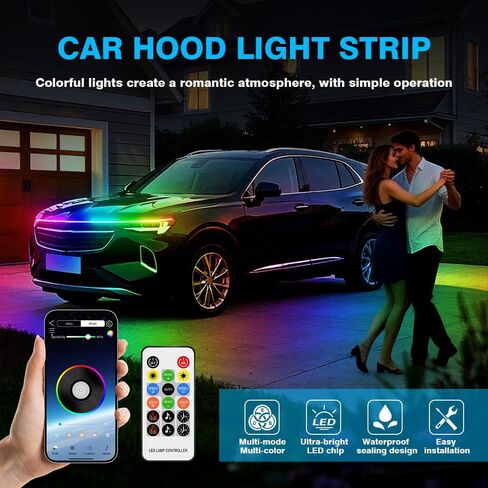 شريط إضاءة غطاء محرك السيارة 12 فولت 108 أضواء LED متعدد الألوان غطاء محرك غطاء الديكور شريط ضوء النهار الجري لسيارة SUV Truck APP ومجموعة إضاءة نيون للتحكم عن بعد لغطاء السيارة 71 بوصة (1.8 متر) in Kuwait