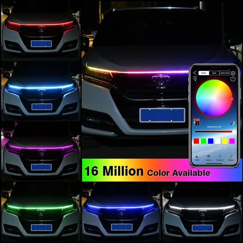 شريط إضاءة غطاء محرك السيارة 12 فولت 108 أضواء LED متعدد الألوان غطاء محرك غطاء الديكور شريط ضوء النهار الجري لسيارة SUV Truck APP ومجموعة إضاءة نيون للتحكم عن بعد لغطاء السيارة 71 بوصة (1.8 متر) in Kuwait