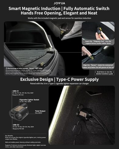 JOWUA Tesla Model Y Trunk Ambient Light - 10.5ft COB LED Strip with Magnetic Auto-Switch, 5-Level Brightness & 200W 3-in-1 Type-C Car Charger Hub (5500K Pure White) in Saudi Arabia