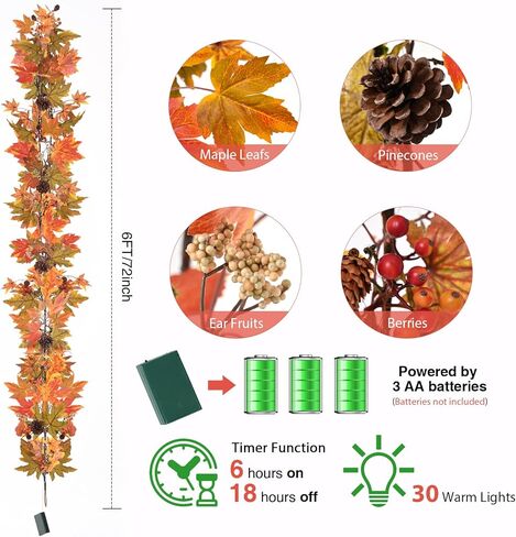 Artgar Fall Maple Leaf Garland, 6 Ft Fall Decor Garland with Pine Cones Berries, Harvest Decor Garland with 30 Warm Lights for Fall Home Thanksgiving Fireplace Table Indoor Outdoor Porch Decor in Saudi Arabia