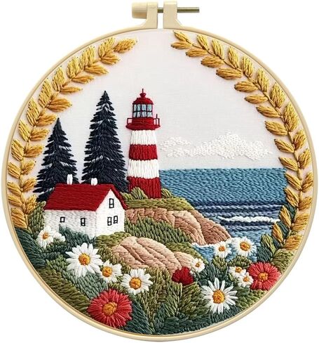 Zhenqing Lighthouse Embroidery Kit for Beginners, Pre-Printed 29x29cm Fabric with 20cm Hoop & Threads, Coastal Lighthouse Scene for Home Decor(C0195) in Kuwait