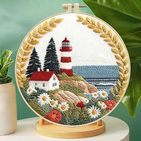 Zhenqing Lighthouse Embroidery Kit for Beginners, Pre-Printed 29x29cm Fabric with 20cm Hoop & Threads, Coastal Lighthouse Scene for Home Decor(C0195) in Kuwait